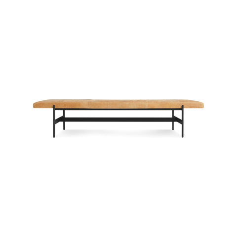 Daybench Jumbo by Blu Dot in Camel Leather with Oblivion legs, low front view