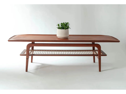 Teak + Caned Coffee Table and Side Table in the style of Arne Hovmand-Olsen