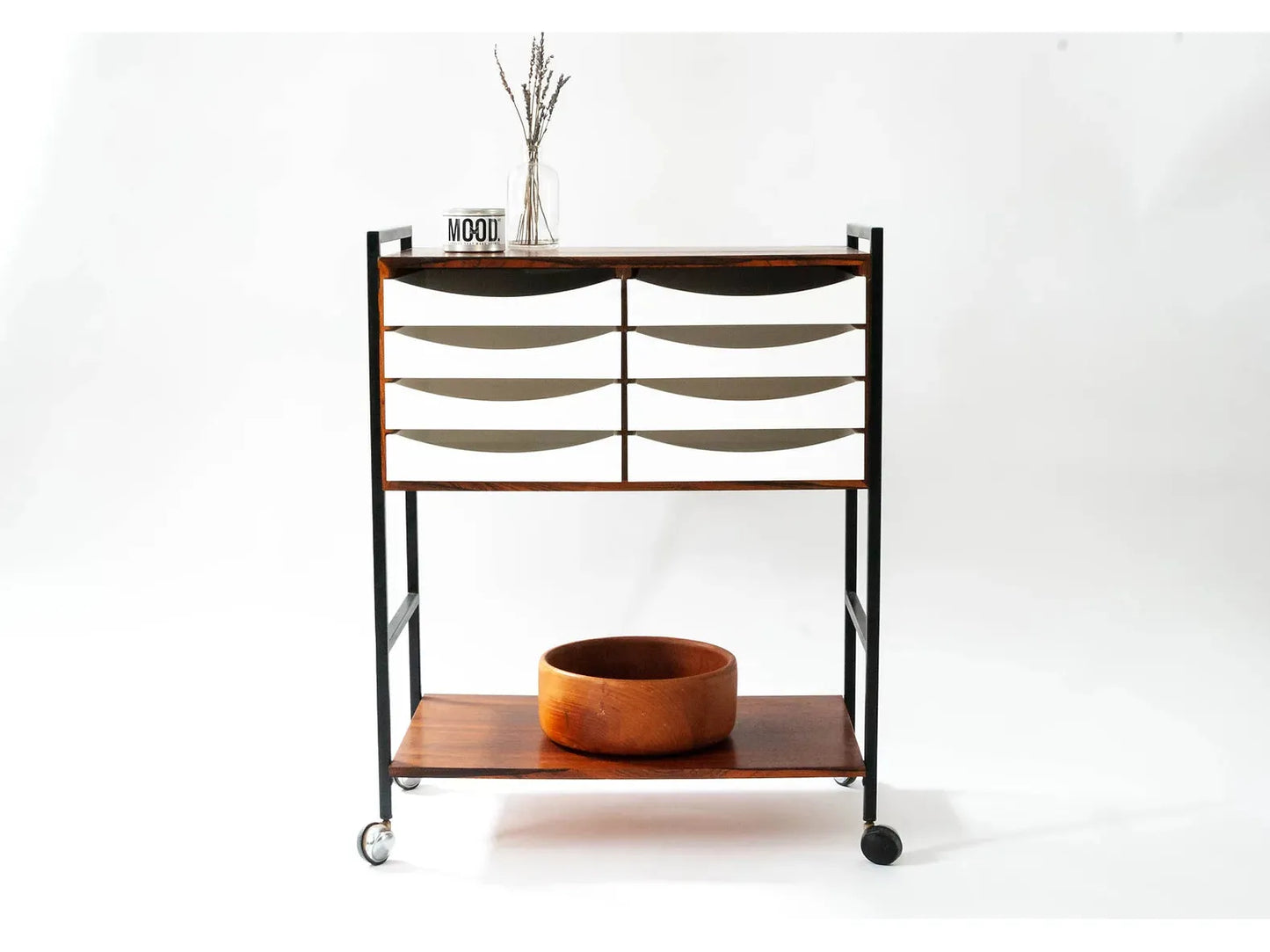 Rosewood & Metal Trolley with Plastic Shelves