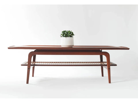 Teak + Caned Coffee Table and Side Table in the style of Arne Hovmand-Olsen